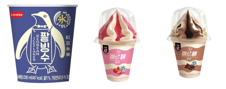 이마트24가 새롭게 선보이는 (왼쪽부터) 펭귄팥빙수와 5F파르페(딸기·초코) 아이스크림. [사진=이마트24]