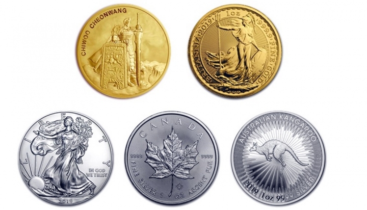 한국조폐공사는 4일부터 10월 9일까지 화폐박물관 특별전시실에서 세계 유명 불리온 주화를 주제로 한 '세계의 불리온 주화 특별전'(The World Bullion Coins)을 연다고 밝혔다. 사진은 위쪽 왼쪽부터 치우천왕 불리온 금메달(한국), 브리타니아 불리온 금화(영국), 아래쪽 왼쪽부터 아메리칸 이글 불리온 은화(미국), 메이플 불리온 은화(캐나다), 캥거루 불리온 은화(호주). [사진=한국조폐공사]