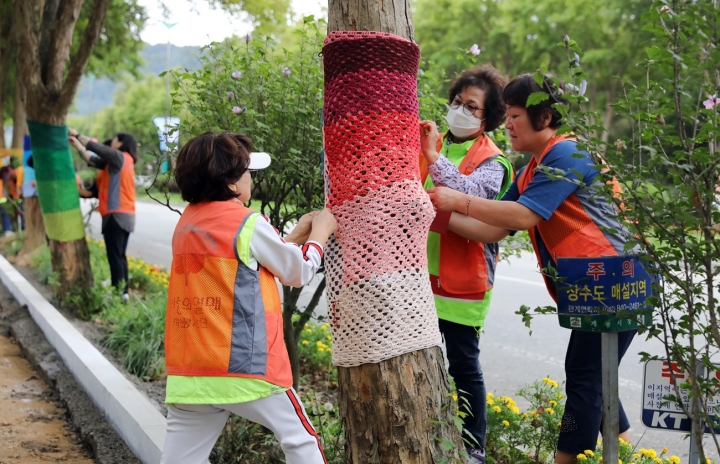 충남 계룡시는 지난 20일 지역주민들을 비롯한 관내 기관·단체, 군부대 관계자 70여명이 참여해 '가로수 나무 옷 입히기' 행사를 가졌다고 22일 밝혔다. [사진=계룡시청]