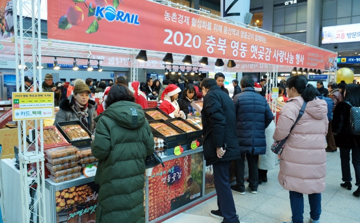 충북 영동군은 지난 9일부터 11일까지 서울용산역에서 열린 두 번째 영동햇곶감 대도시 판매행사에서 소비자들의 큰 관심을 끄며 대박 행진을 이어갔다고 12일 밝혔다. [사진=영동군청]