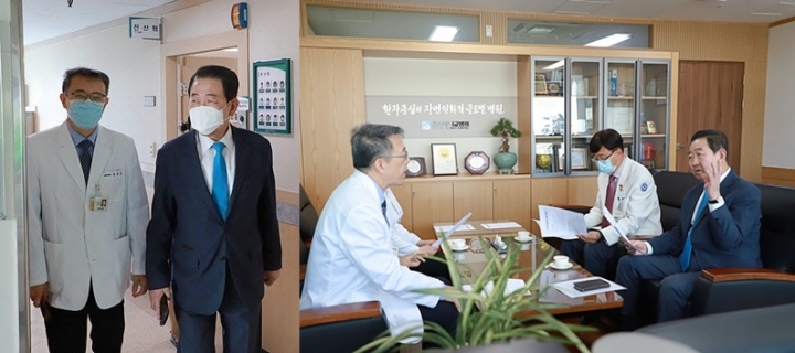 민생당 박주선 동남을 후보가 31일 코로나19 대응 개선방안 논의를 위해 조선대병원을 방문했다. [사진=박주선 후보 선거사무소]