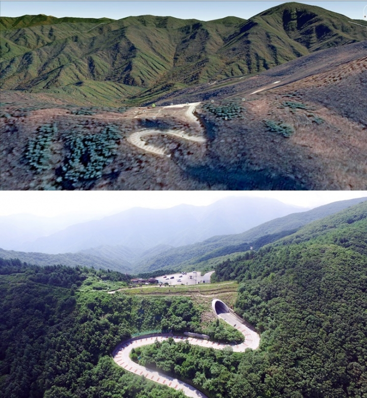 산림청은 산림생태복원 기술의 발굴 확산을 위해 '제15회 전국 산림생태복원 기술대전'을 진행한다고 12일 밝혔다. 사진은 정령치 복원 전(위)과 복원 후 모습. [사진=산림청]