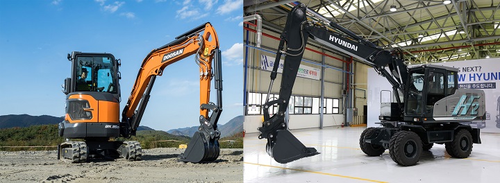 현대두산인프라코어 3.5톤 미니굴착기(왼쪽), 현대건설기계 14톤 수소굴착기. [사진=현대제뉴인]