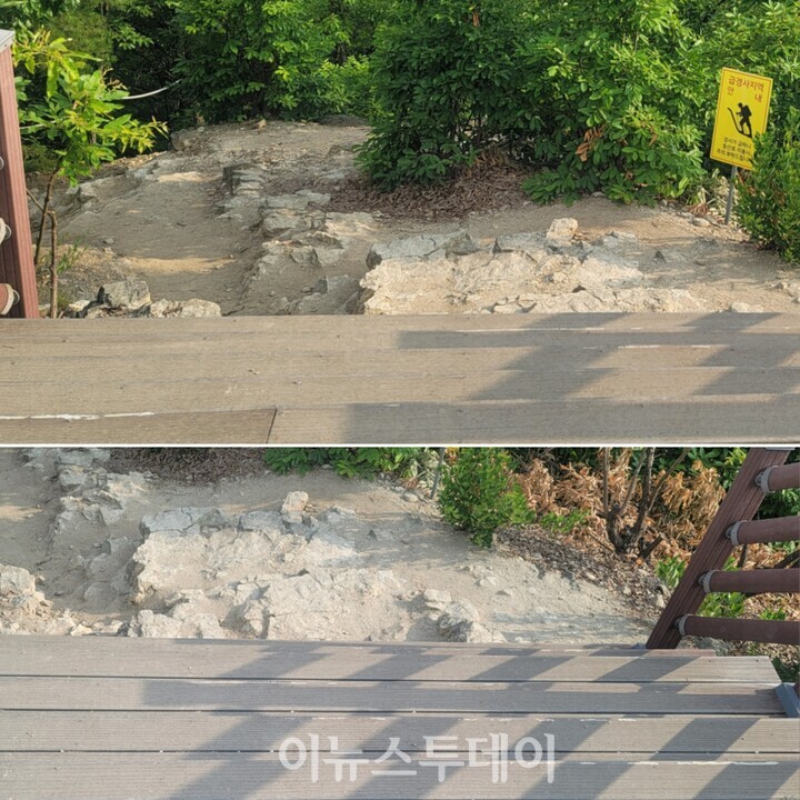 원수산 정상에 설치된 전망데크의 계단도 역시 단차를 알 수 있는 안전테이프가 형체도 없이 지워져 있다.[사진=이용준 기자]