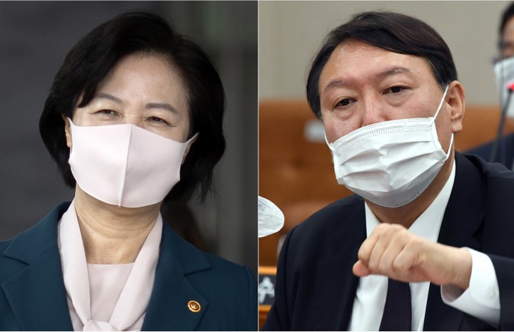 2020년 10월 추미애 당시 법무부 장관(왼쪽)과 윤석열 검찰총장. [사진=연합뉴스]