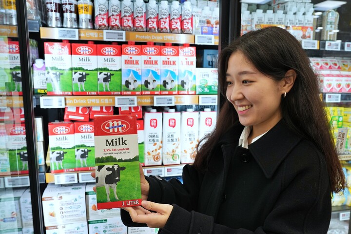 롯데마트 제타플렉스 서울역점 우유 코너에서 믈레코비타 멸균 우유를 홍보하고 있는 모습. [사진=롯데마트]