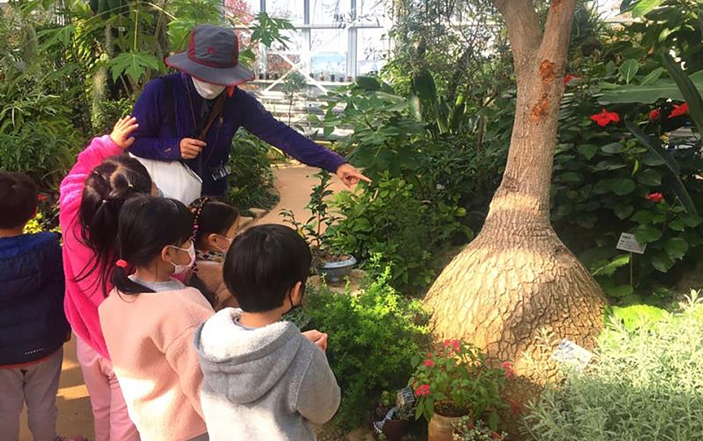 성남시 식물원 내 온실에서 열대 식물에 관한 설명을 듣고 있는 어린이들. [사진=성남시]
