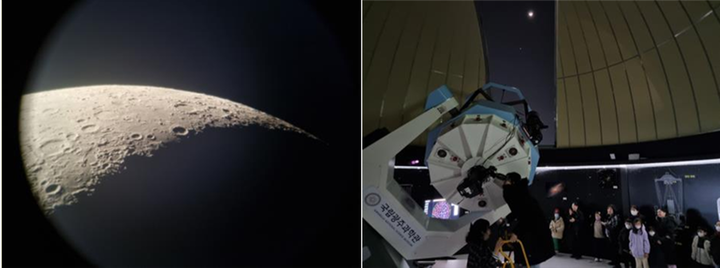 (좌)1.2m 대형망원경으로 보는 달의 표면과 크레이터 (우)별빛천문대에서 천체를 관측하는 모습과 슬릿 사이로 보이는 달과 목성  [사진=국립광주과학관]