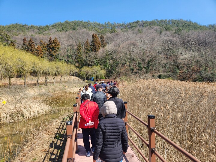 ‘재가암환자 자조모임’ 1기 참여자들이 보은산 테마공원을 걷고 있다. [사진=강진군]