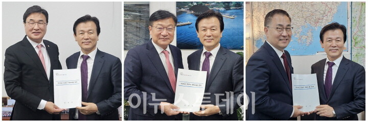 좌측부터 김대식, 정점식, 최형두 국회의원을 방문한 조규일 진주시장[사진=진주시]